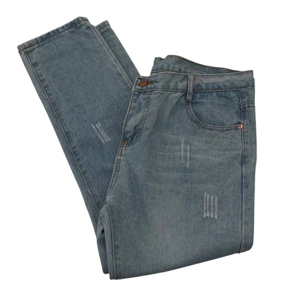 Unbranded Distressed Straight Leg Jeans Womens Light Blue Wash Good Ripped Denim